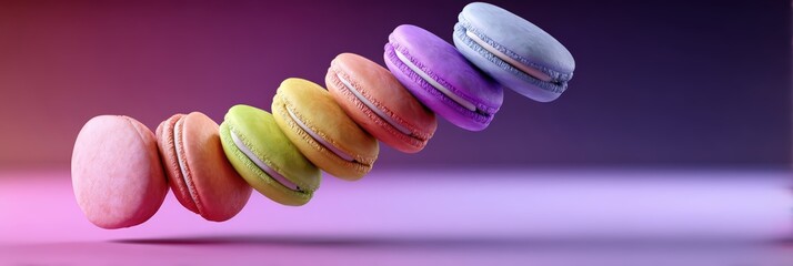 Vibrant Row of Floating Colorful Macarons on Gradient Background