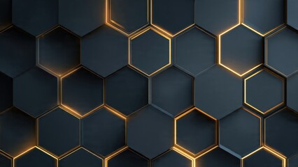 Abstract dark blue hexagonal background with glowing golden neon lines. Premium 3D geometric grid structure. Luxury technology and futuristic pattern wallpaper.