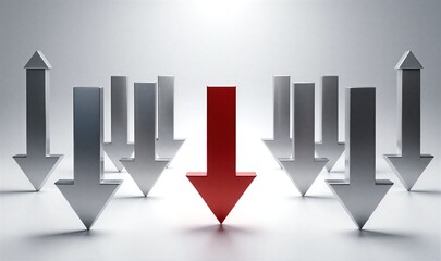 Red arrow points down amid silver arrows, symbolizing unique direction or leadership.