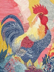 Colorful Patchwork Rooster Illustration