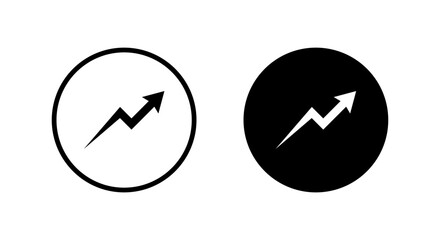 Upward zigzag arrow icon in black circle. Financial growth indicator, rising progress symbol