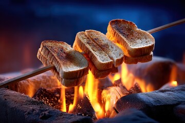 Golden Toast Skewers Roasting Over an Open Campfire Flame