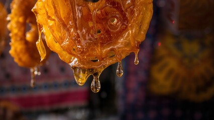 Close-up of freshly made jalebi dripping with syrup against a colorful background at a traditional food stall