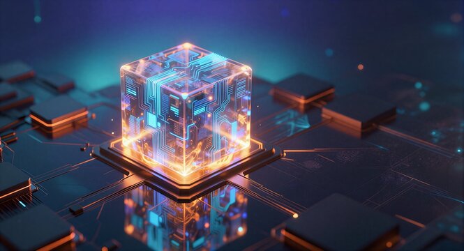 Futuristic glowing cube on circuit board, neon blue and orange lights, digital technology theme.