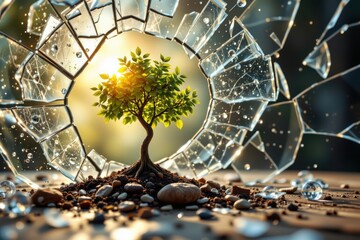 a conceptual art scene depicting growth and transformation, with a young tree emerging from shattered glass, bathed in warm sunlight, symbolizing resilience, change.