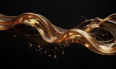 Golden liquid swirls against black, sparkling droplets in dynamic motion.