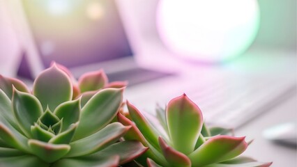 Succulent plant on desk with laptop for home office decor ideas and workspace design inspiration