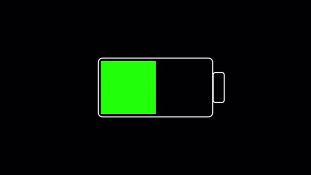 0 to 100% Battery full fast charging animation on black background with alpha channel in 4k.

