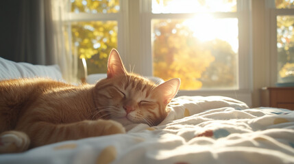 A serene orange tabby cat rests on a bed, basking in warm morning sunlight filtering through nearby windows.