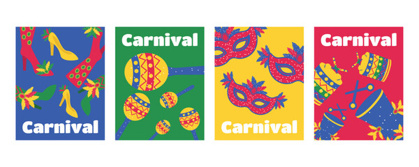 Set of greeting cards and banners for Brazilian Carnival with feathered masks costumes shoes musical instruments maracas and feathers