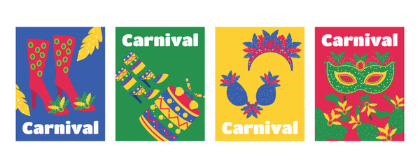 Set of greeting cards and banners for Brazilian Carnival with feathered masks costumes headdresses shoes and musical instruments