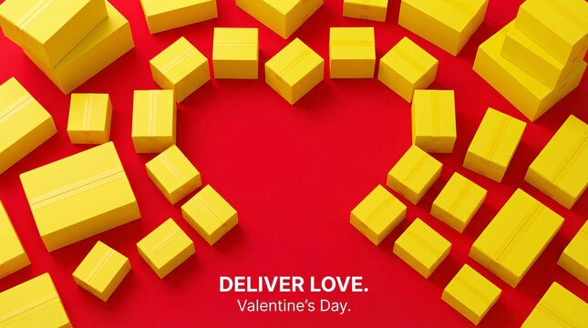 A vibrant red background with yellow 3D blocks forming a heart shape, symbolizing love on Valentine's Day