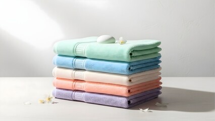 Pastel colored towels stacked neatly with flowers and stone for bathroom decor and spa relaxation
