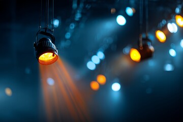 Professional concert stage lighting system with intense orange spotlight against a dramatic dark blue background, concept for event promotion, entertainment design and performance background