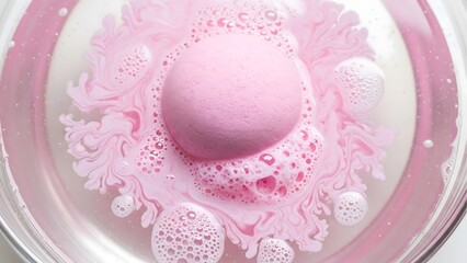 Pink bath bomb dissolving in water for relaxation and aromatherapy spa treatment at home for self care