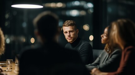 Focused young male executive attends a serious night business meeting surrounded by blurred colleagues, concept for corporate leadership, executive lifestyle and investment decisions
