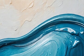 Abstract painting featuring a vibrant, glossy blue form against a textured white background  evoking fluid motion or liquid glass with bold brushstrokes and reflective highlights.