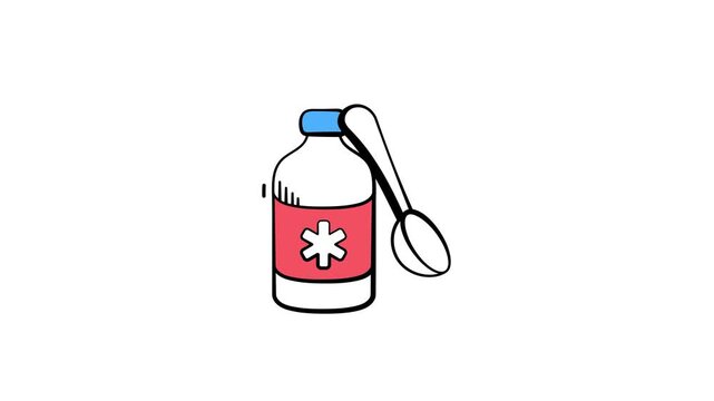 Hand drawn medicine bottle and spoon representing liquid medication.