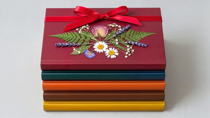 Stack of books with floral decoration for International Women&rsquo;s Day and Valentine's Day, ideal for gifts and marketing