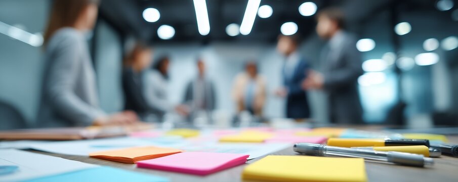 Blurred image focusing on sticky notes and pens on a table during a meeting with out-of-focus corporate executives, concept for collaboration, planning and strategy