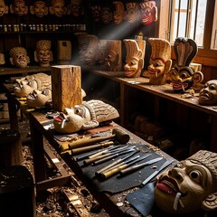 Sri Lankan mask carving workshop scene with unfinished wooden masks and tools, showing heritage craftsmanship.