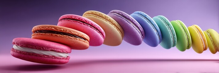 Rainbow Macarons Levitation on Vibrant Purple Background