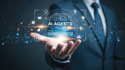 Businessman holding AI Agents interface with brain icon and digital network.