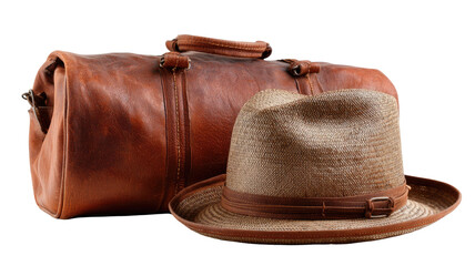 Vintage brown leather travel duffel bag with classic fedora hat rugged adventure style isolated on white background