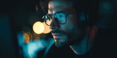 Focused software developer wearing glasses and headphones looks at screen in a dark office, concept for digital professional life, cybersecurity advertising and intense coding