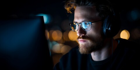 Focused bearded professional developer wearing headphones and glasses working intensely on a computer screen at night, concept for remote work, cybersecurity and coding education