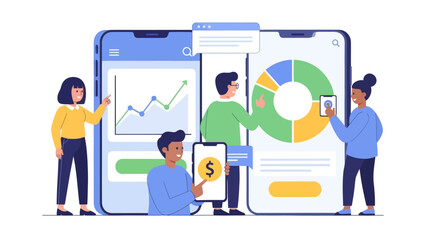 Collaborative team analyzing financial data and growth metrics on digital