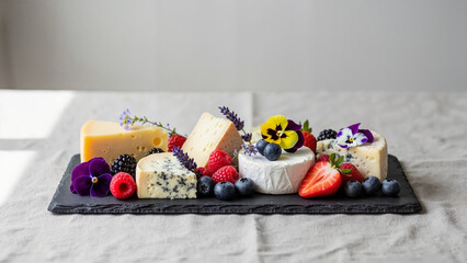 Gourmet cheese platter with fruits and flowers, ideal for catering, events, and culinary marketing
