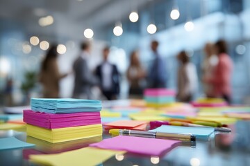 Colorful sticky notes and a pen lie on a glass table with blurry business executives meeting in the background, concept for strategic project planning, creative development and team collaboration