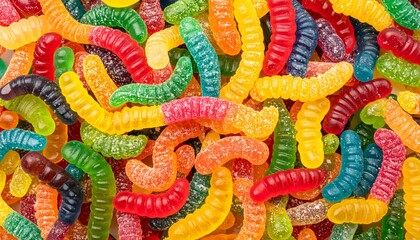 A vibrant and colorful pile of gummy worm candies, a sweet treat for any occasion.