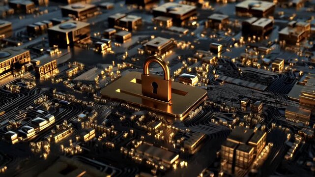 Firewall protection. Internet cyber security. Hightech. Technology. Encryption and decryption. A closeup view of a circuit board with a golden padlock on it.