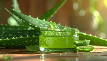 Refreshing aloe vera gel in a glass jar surrounded by fresh plant leaves and slices, highlighting natural skincare.