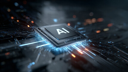 AI chip on circuit board with glowing connections artificial intelligence technology concept