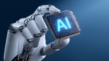 Robot hand holding AI tablet artificial intelligence technology futuristic automation concept