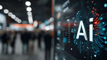 Blurred AI artificial intelligence text with digital circuit board technology background