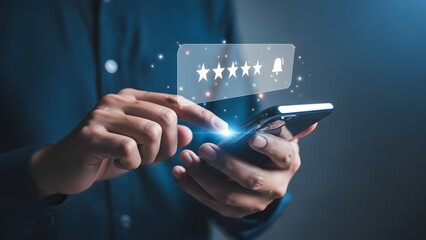 A person interacting with a smartphone and a digital rating interface