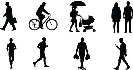 Obraz premium Silhouettes of people in everyday activities including walking, jogging, biking, and mobile use for lifestyle and motion design.