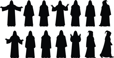 Silhouettes of hooded robed figures in mystical poses for fantasy character design, cultist concept art, and wizard illustration.