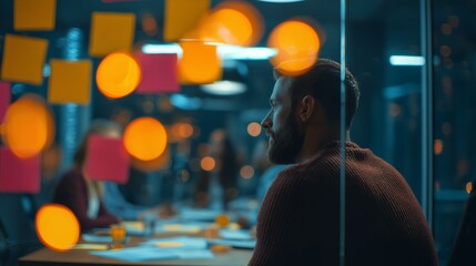Focused project manager viewed through glass with colorful sticky notes and bright bokeh during a late office meeting, concept for corporate strategy, team collaboration and executive planning