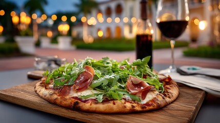 Prosciutto and Arugula Pizza with Red Wine at Luxury Outdoor Resort