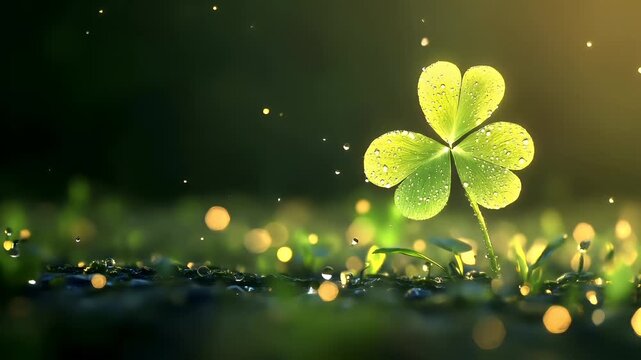 A closeup of a fourleaf clover with water droplets on it. The clover is set against a gradient background transitioning from green at the top to a golden hue at the bottom.