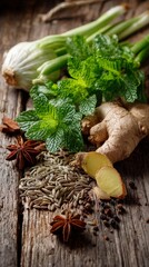Fresh Herbs for Digestive Wellness on Rustic Surface