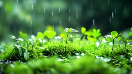 A closeup of a lush green forest floor covered in moss and water droplets, with a blurred background that suggests a rain shower. The colors are predominantly green with hints of blue and white.