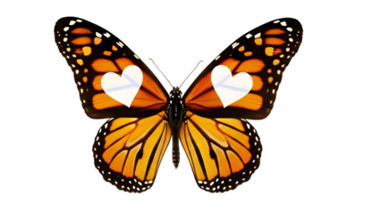 Monarch butterfly isolated on transparent background with heart shaped spots