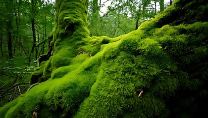 Bright green moss covers a fallen tree in a forest, with other trees blurred in the background