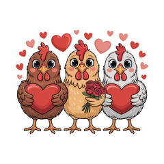 Three adorable cartoon chickens displaying love with hearts and flowers.